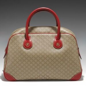 Celine Bowler Handbag in Macadam Canvas and Red Leather Trim